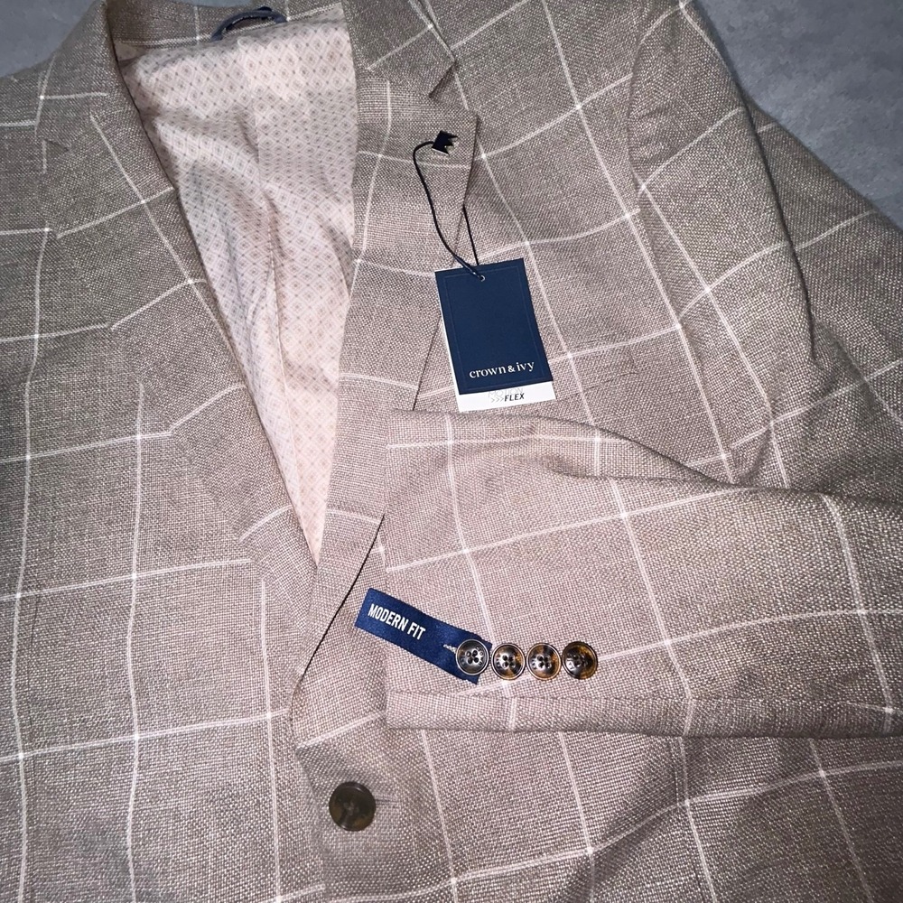Crown & Ivy Blazer 46R Tan Windowpane Sport Coat Modern Fit Stretch NWT motion - Picture 2 of 16